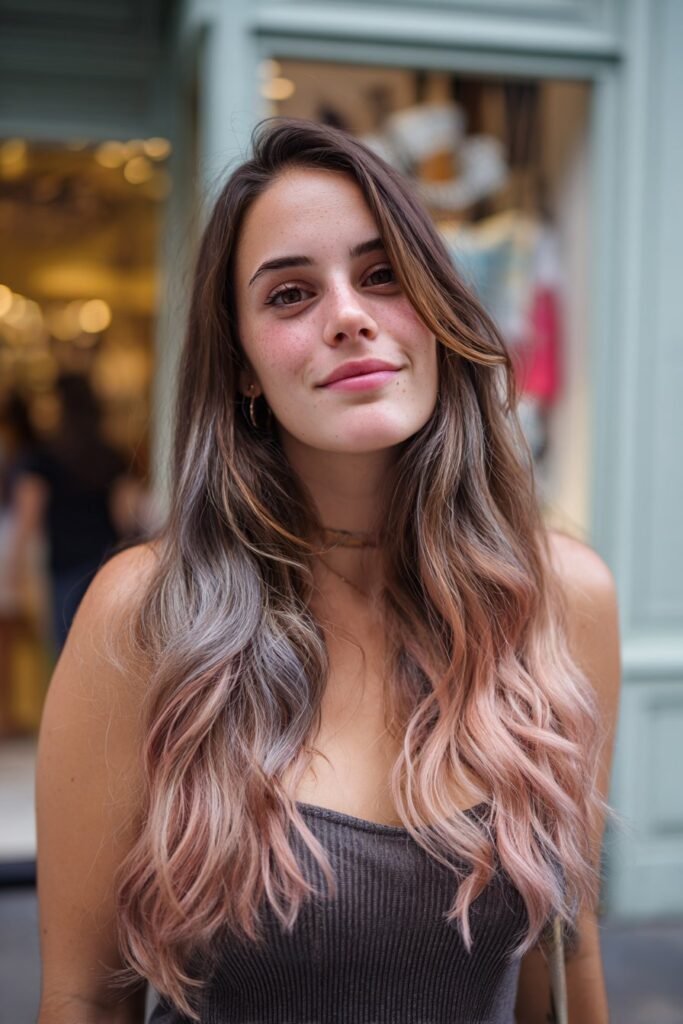 Woman with rose gold lowlights on gray hair.