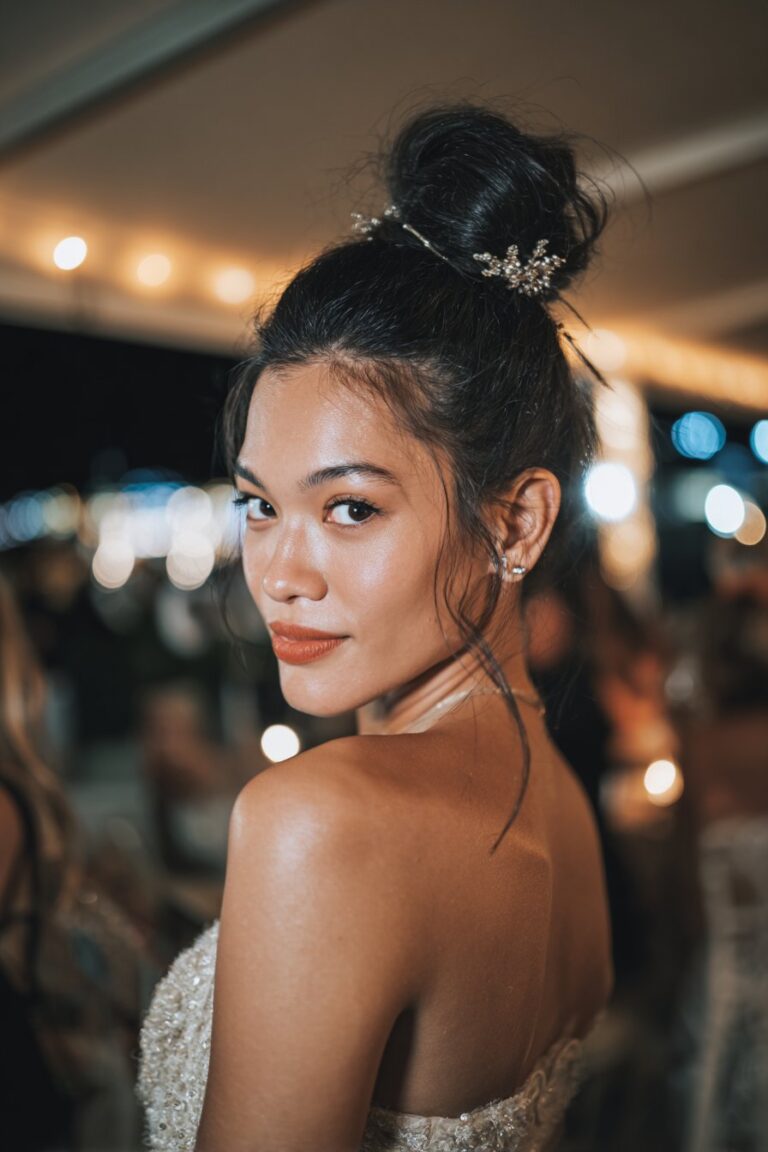 Woman with sculptural top knot updo and hair accessories.