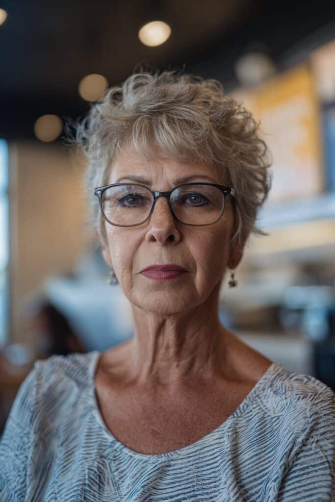 Woman over 80 with glasses wearing a short shaggy layered cut.