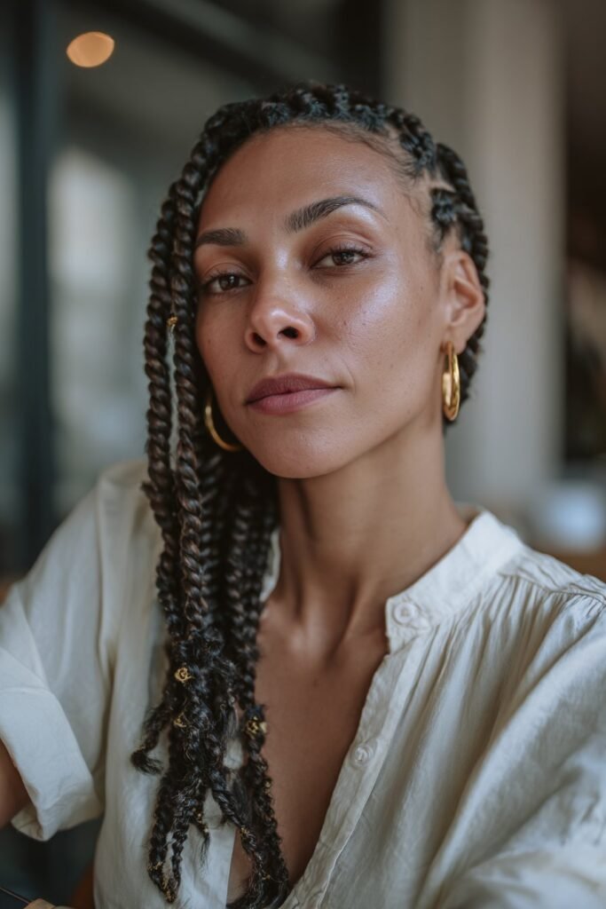 Woman with side-swept cassie braids over one shoulder.