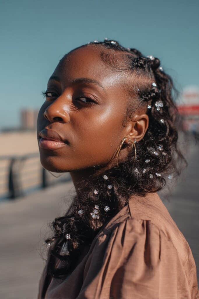 Black woman with side swept curls decorated with hair gems.
