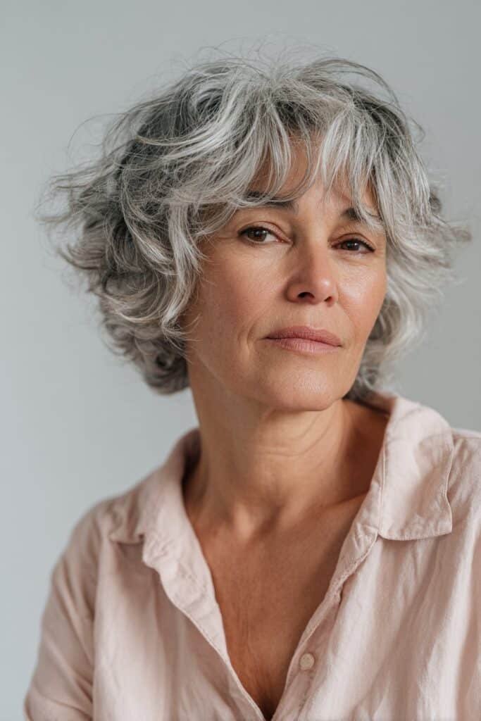 Older woman with silver shag highlighting natural gray tones.