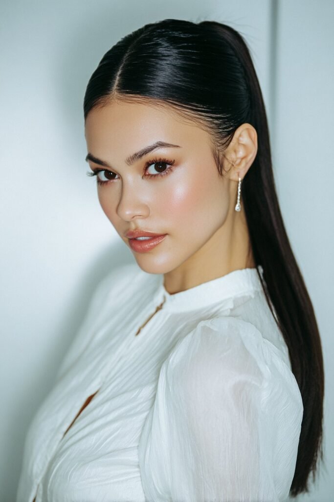 Woman with sleek straight hair and a clean middle part hairstyle.