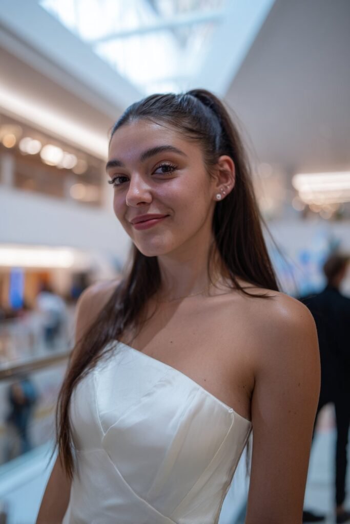 Teen girl wearing a sleek half up half down prom hairstyle with smooth straight hair.