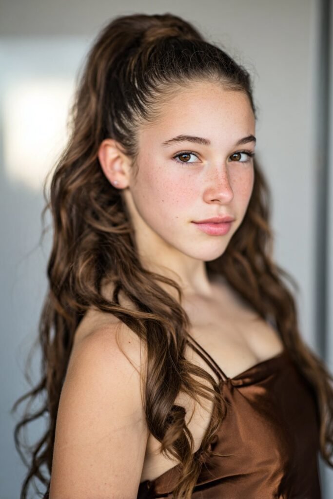 Teen girl wearing a sleek high ponytail prom hairstyle with smooth crown and curled ends.
