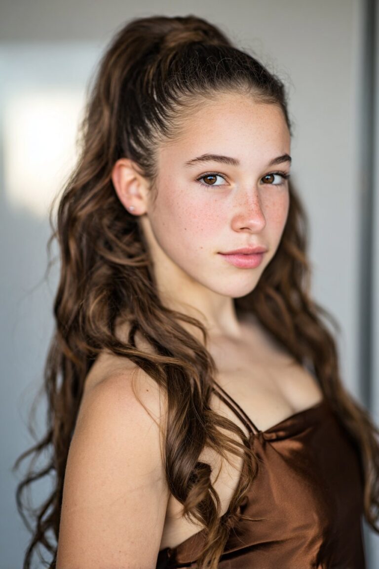 Teen girl wearing a sleek high ponytail prom hairstyle with smooth crown and curled ends.