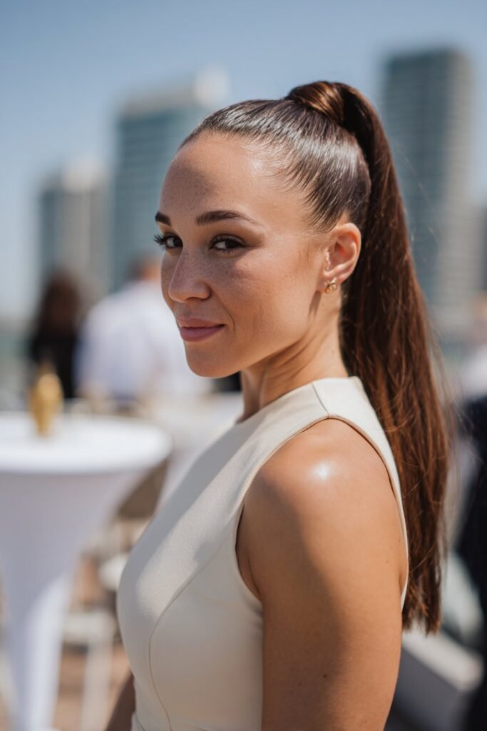 Woman wearing sleek high ponytail updo at reception.