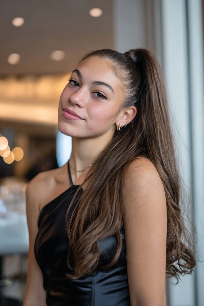 Teen girl with a sleek high ponytail prom hairstyle for long fine hair and curled ends.