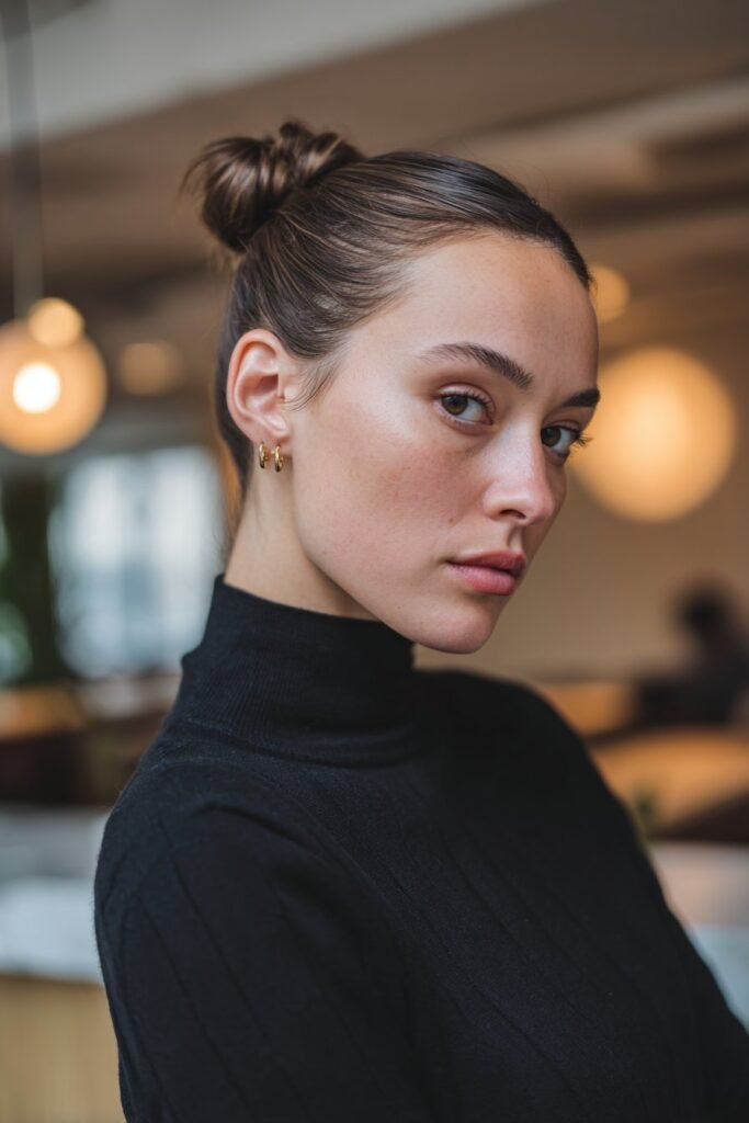 Woman wearing a sleek low bun with slicked-back front hair.