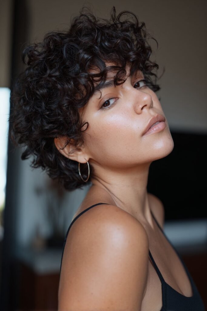 Woman with sleek roots and curled ends on a stacked bob.