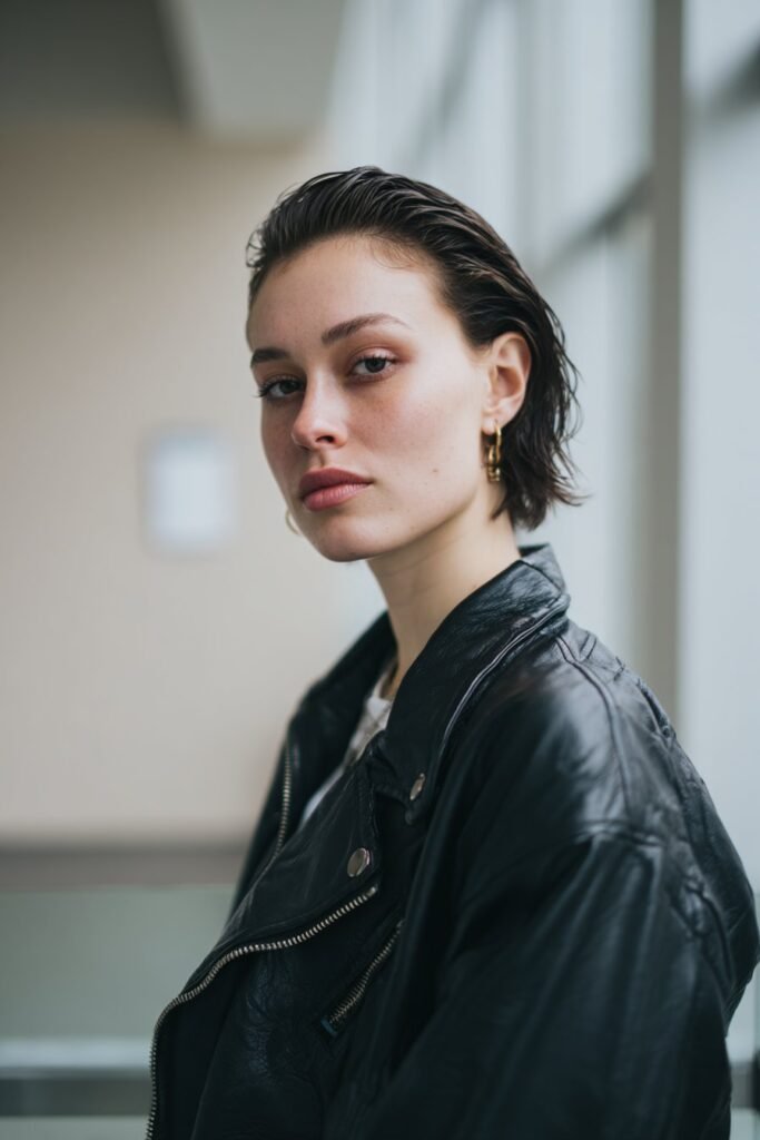 Woman with slicked-back wet look hairstyle and modern shine.