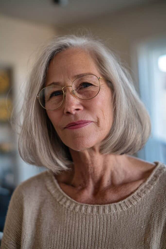 Older woman with glasses and soft layered bob hairstyle.