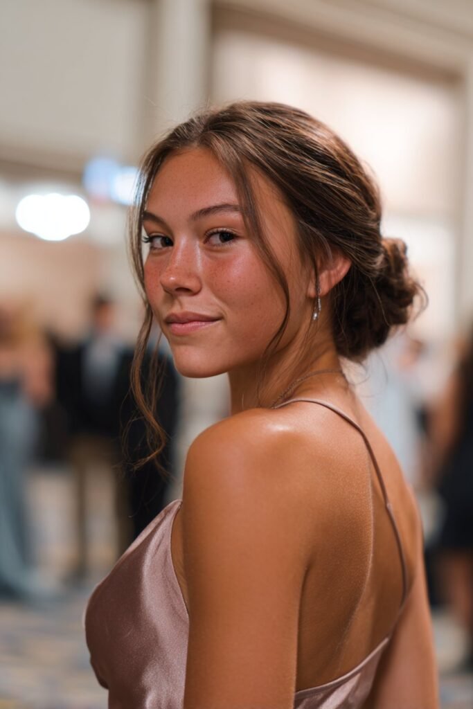 Teen girl with a soft low chignon, an elegant prom hairstyle for long hair.