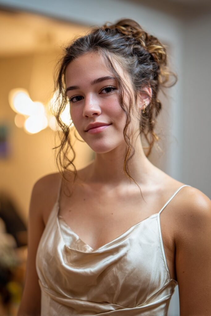 Teen girl wearing a soft romantic updo prom hairstyle for long fine hair with loose face-framing tendrils.