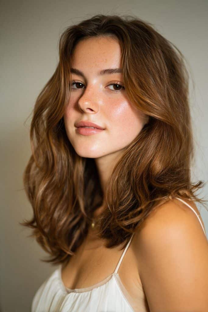 Teen girl with middle-part soft romantic waves, a prom hairstyle for medium length hair.