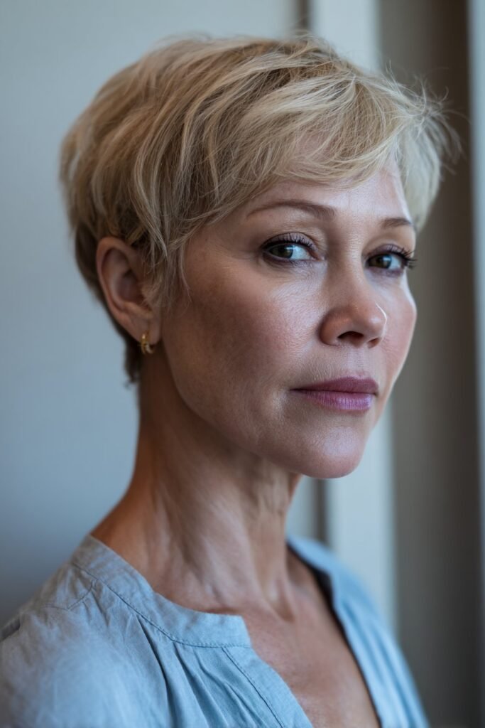 Soft side-swept short cut with delicate wispy layers.