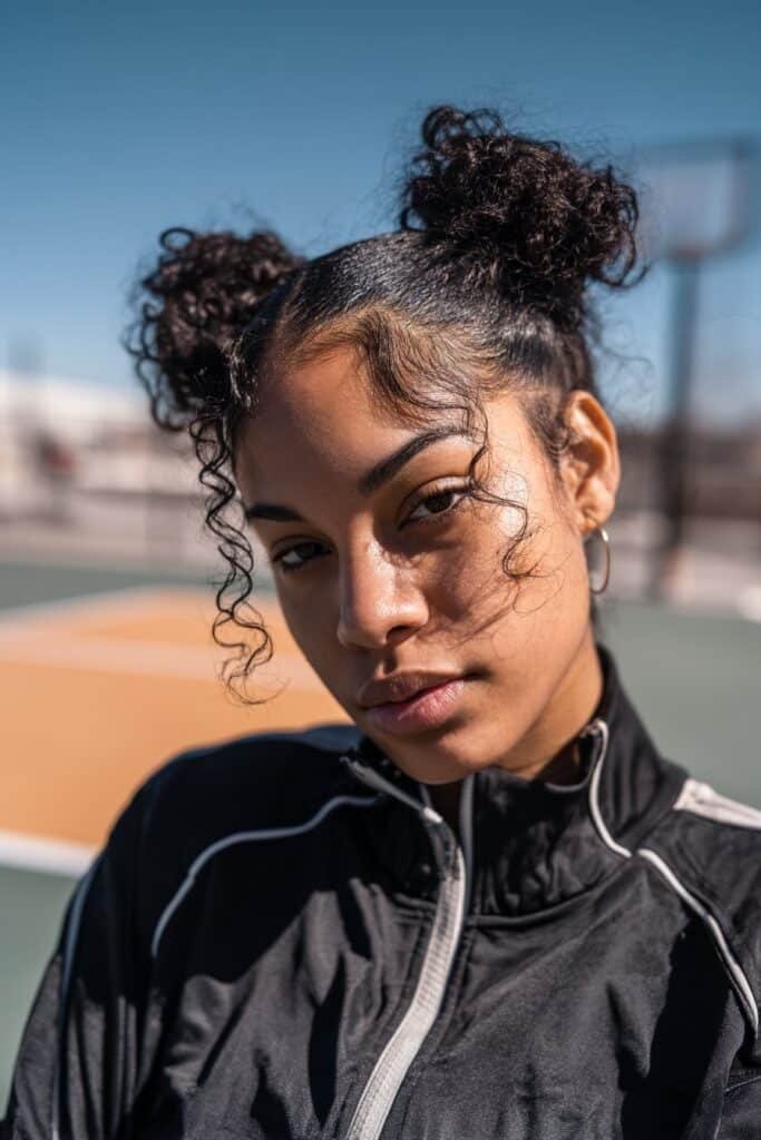 Black woman styling space buns with smooth baby hairs.