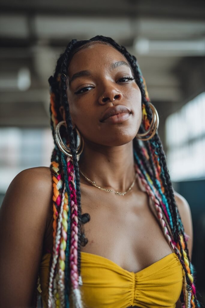 Black woman wearing stacked braids with colorful extensions.