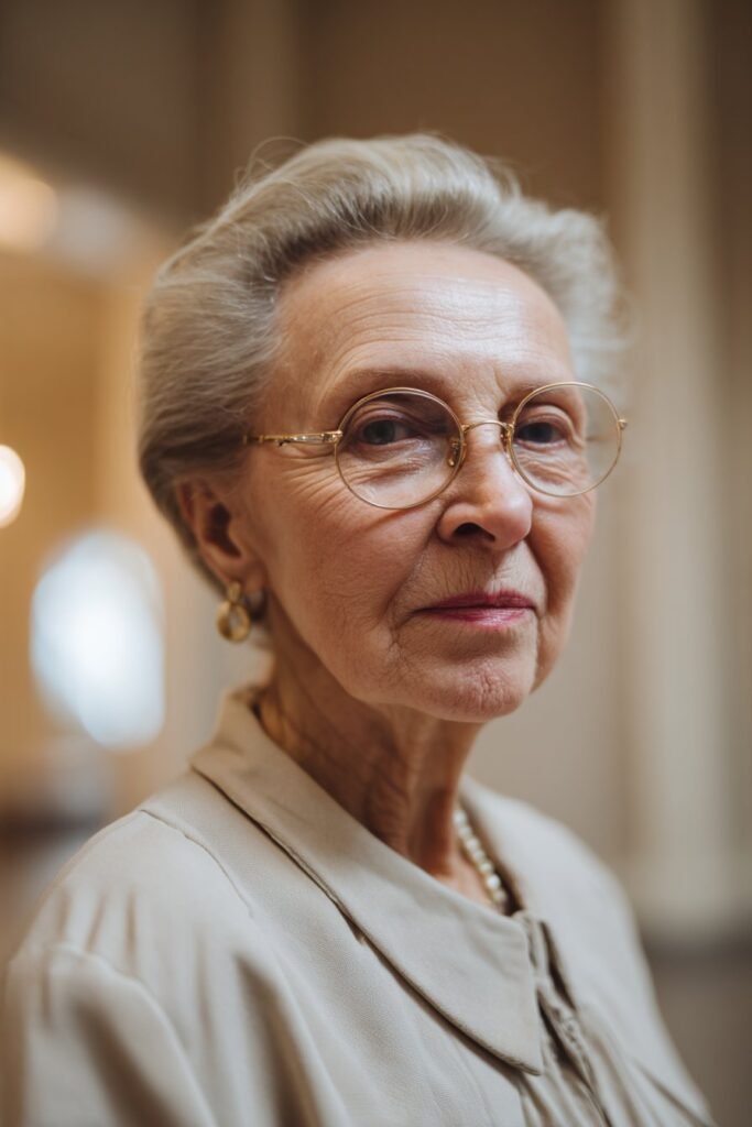 Woman over 80 with glasses styled in swept back French twist.