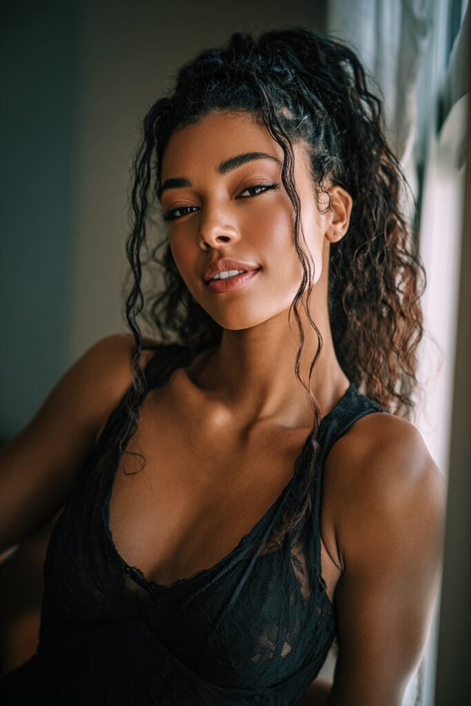 Woman with textured half-up half-down medium length hairstyle.