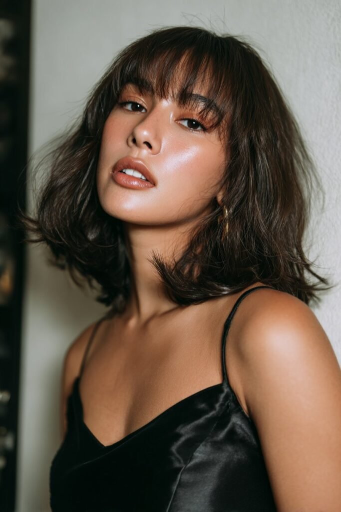 Teen girl wearing a textured long bob with soft fringe bangs for prom.