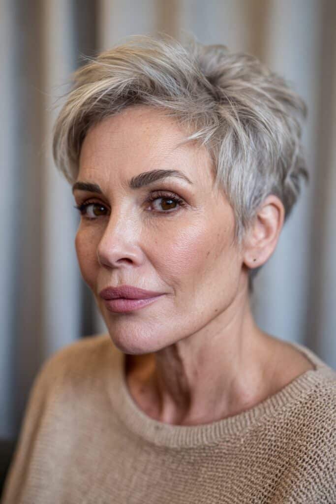 Textured pixie bob with stacked back and soft wispy crown.