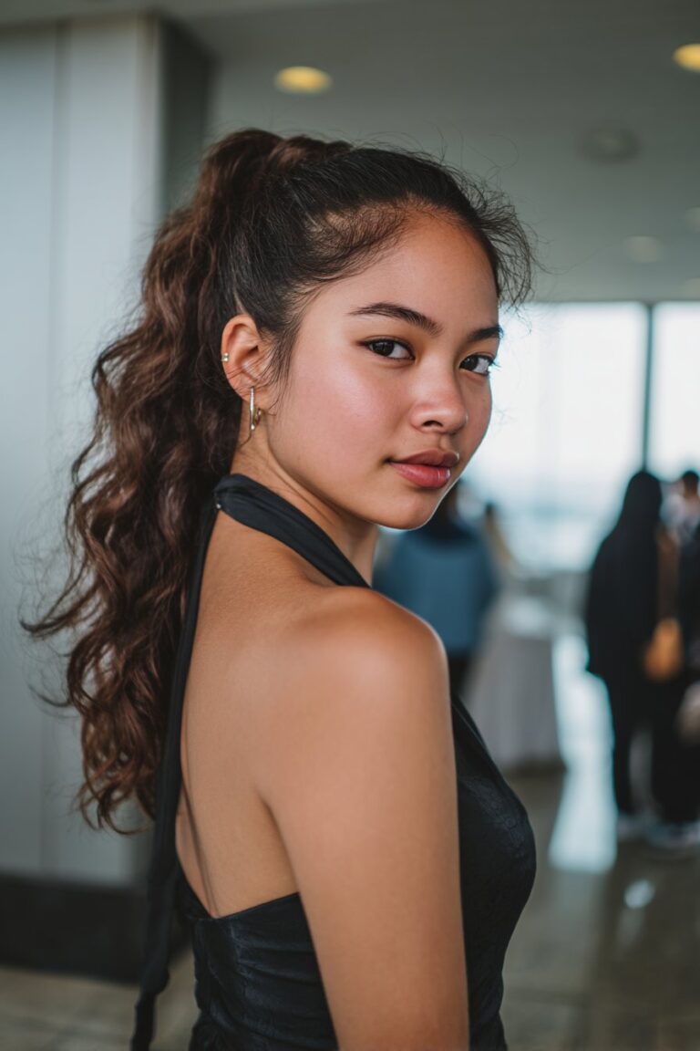 Teen girl with textured ponytail and wrapped base for a modern prom look.