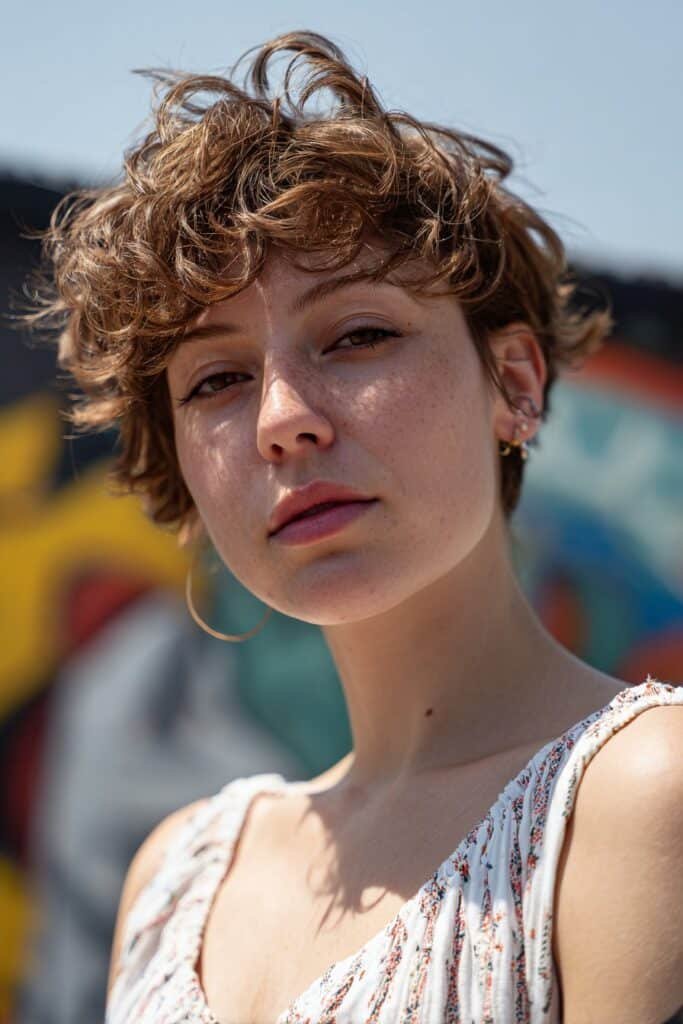 Woman wearing a textured stacked bob with messy curly volume.