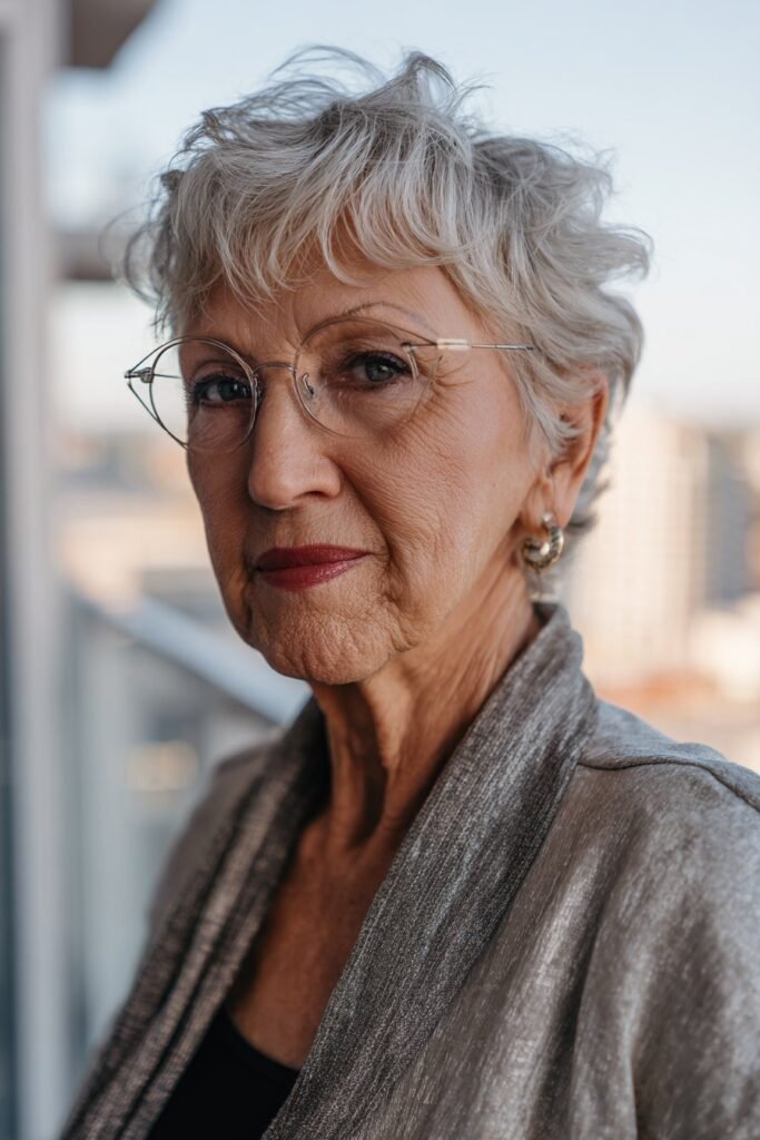 Older woman with glasses showing textured silver lob hairstyle.