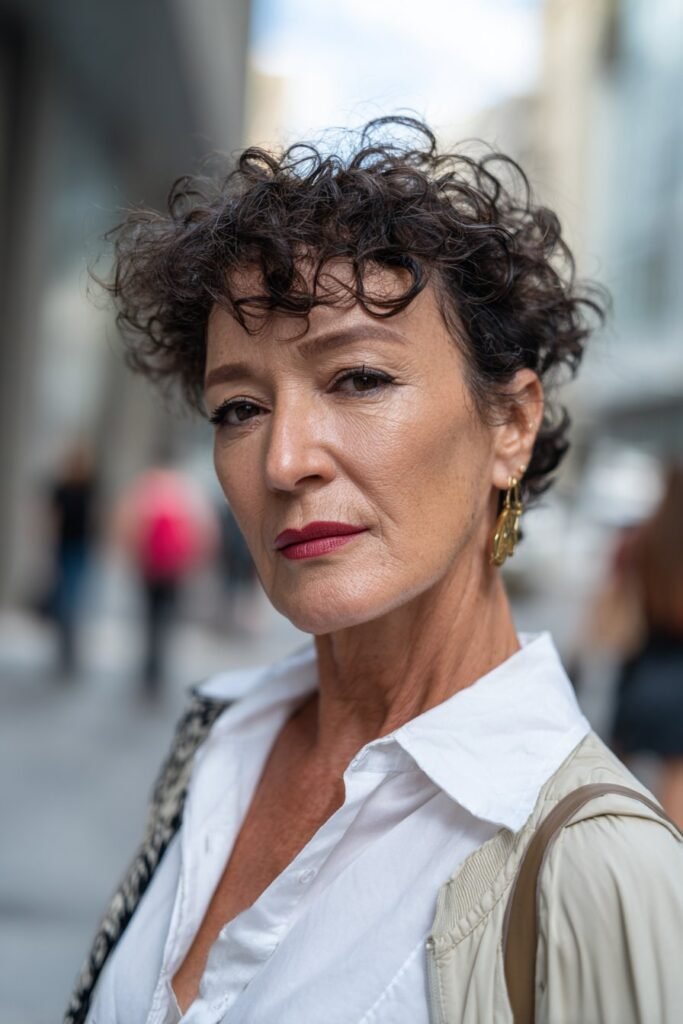 Older woman with asymmetric curl cut and modern shape.