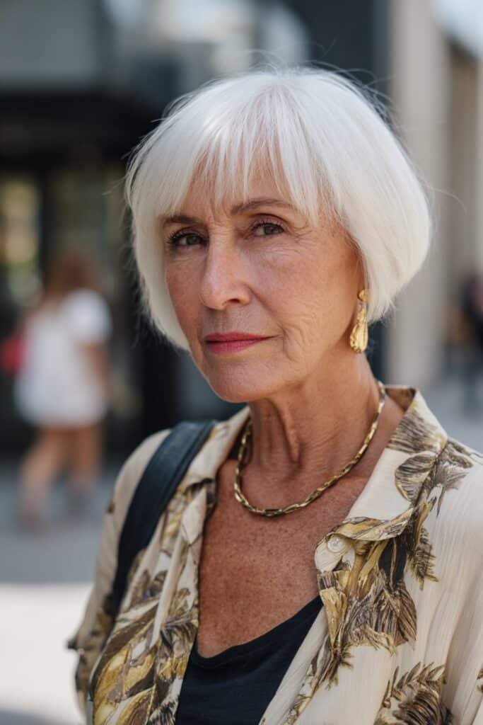 Older woman with asymmetrical bob creating fullness for fine hair.