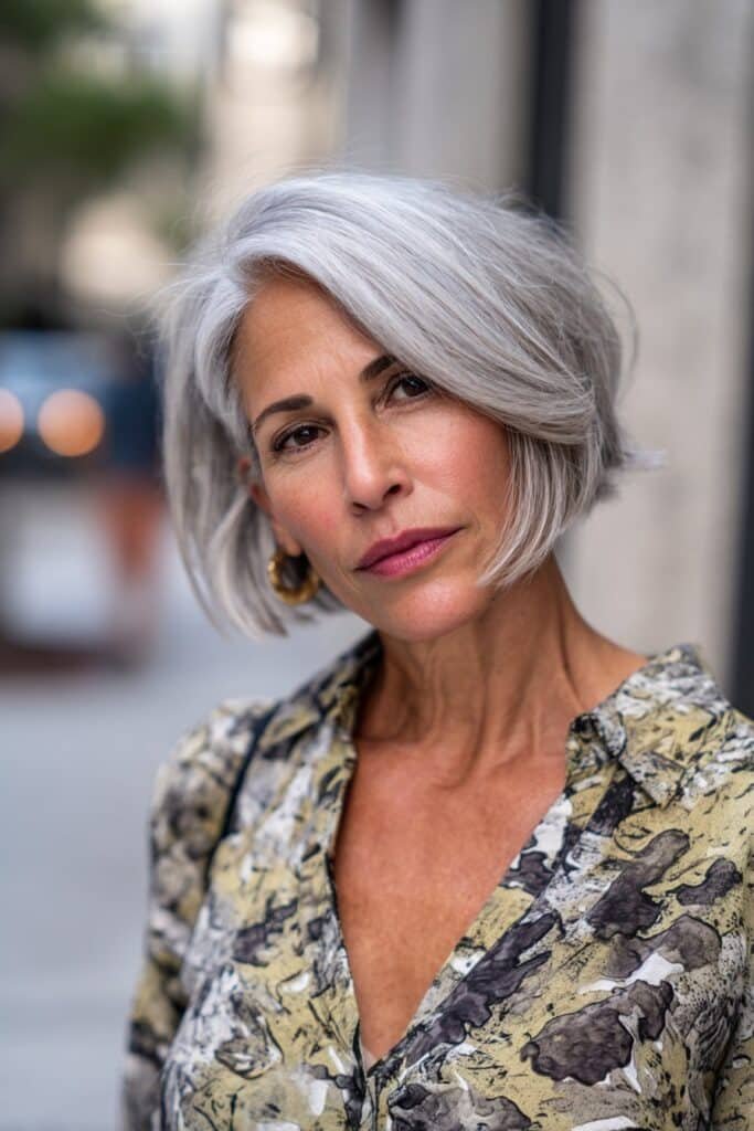 Woman with asymmetrical bob and longer side sweep.