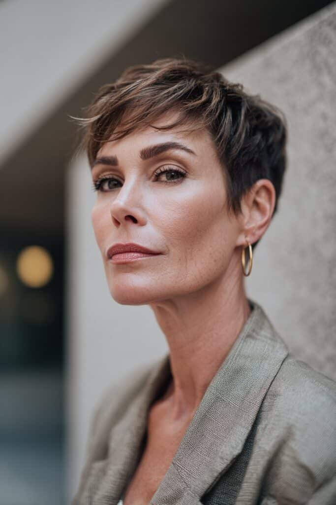 Asymmetrical short haircut for older women with coarse hair and modern shape.