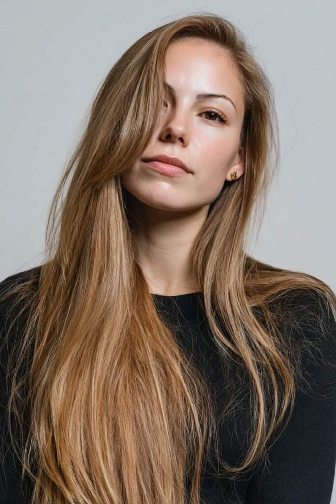 Model wearing an asymmetrical side-part curtain fringe with artistic side flow.