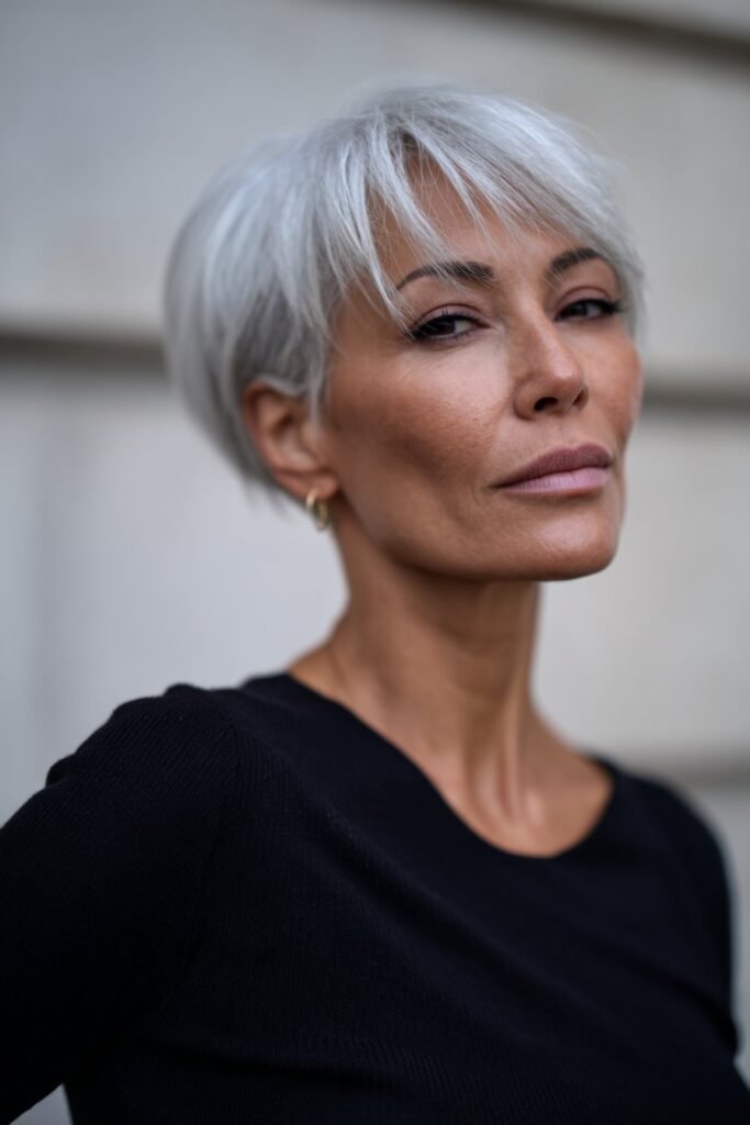 Blunt bob short haircut for older women with coarse hair and clean edges.