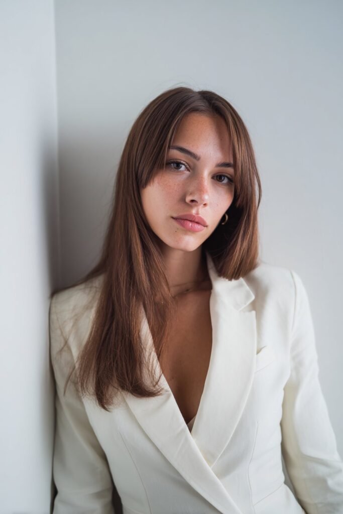 Model showing a blunt side-part curtain fringe with sharp, sleek face-framing pieces.