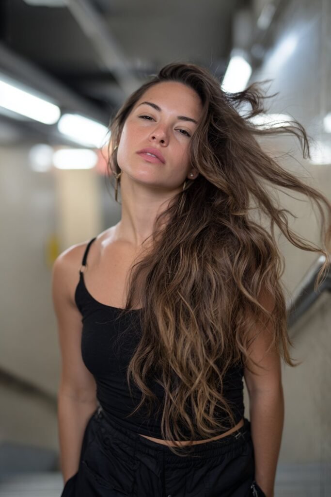 Woman with bouncy side-part curtain fringe and lifted crown volume styling.