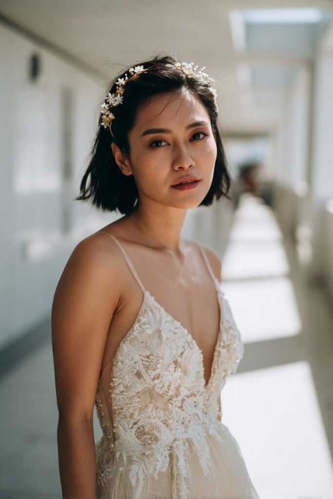 Short bob styled with a braided headband and floral hair pins.