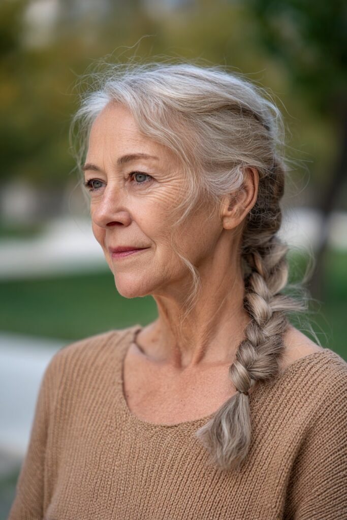 Older woman with braided low ponytail, easy long hairstyle.