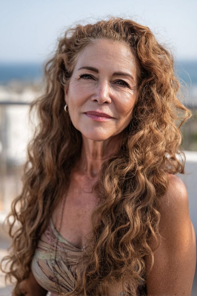 Woman with cascading curly lob and flowing layers.