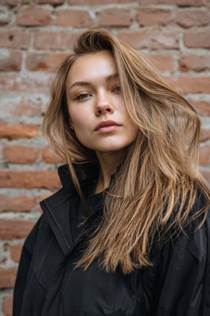 Model featuring choppy side-part curtain fringe with edgy, textured layers.