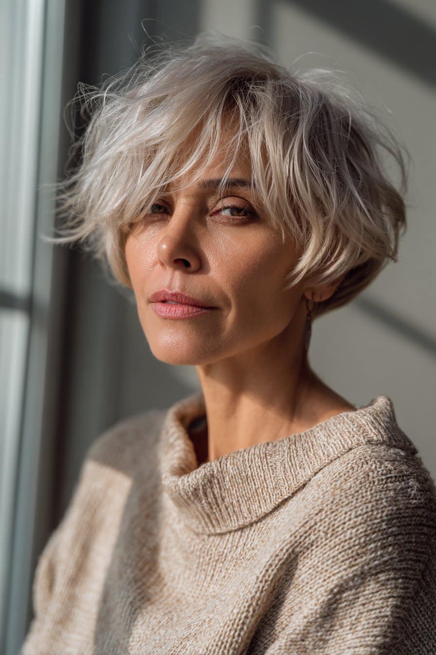 Woman wearing choppy textured bob with piecey layers.