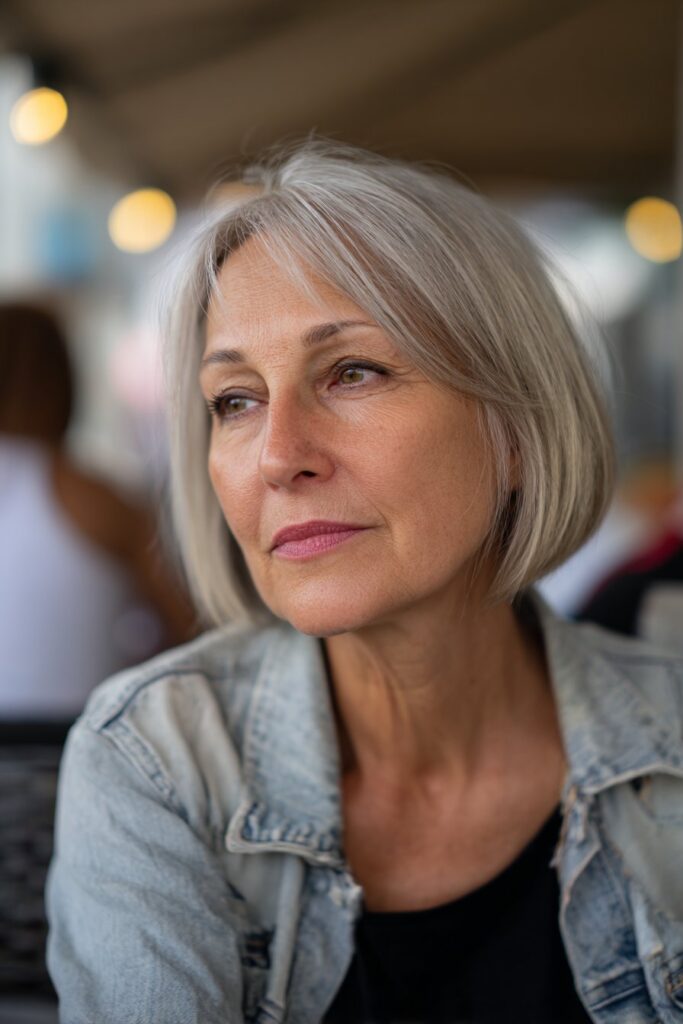 Older woman wearing a classic chin length bob haircut.