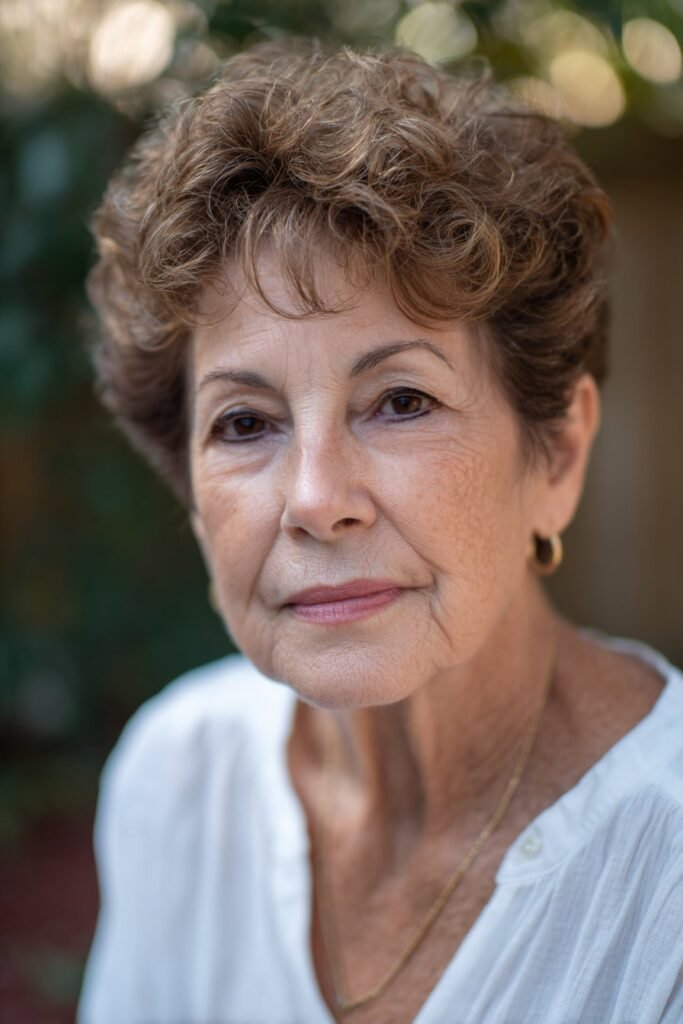 Older woman with classic curly pixie, a short haircut for older women with curly hair.