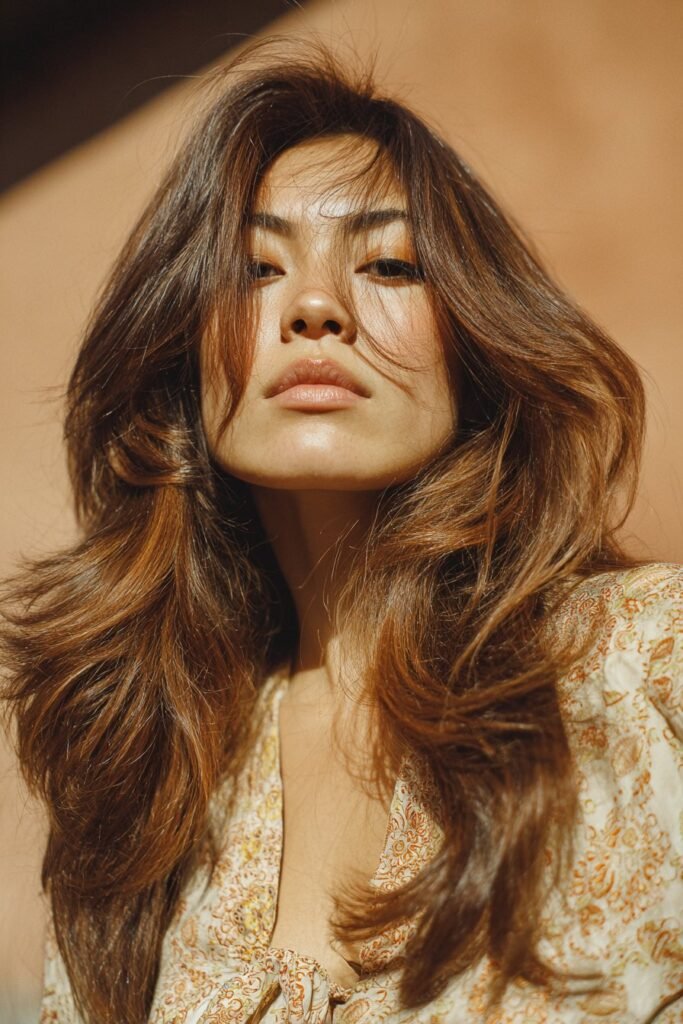 Classic Farrah flip with voluminous 70s feathered hair and flipped layers.