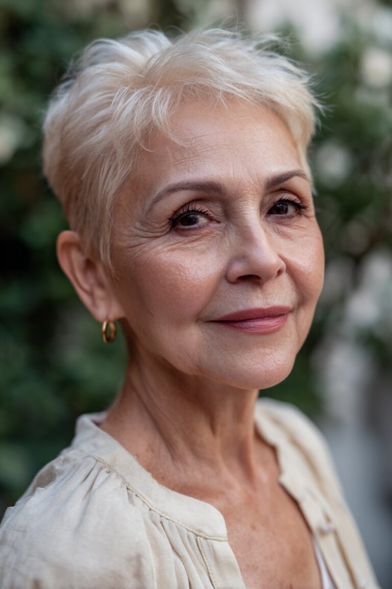 Older woman with classic pixie cut, a short haircut for older women with fine hair.