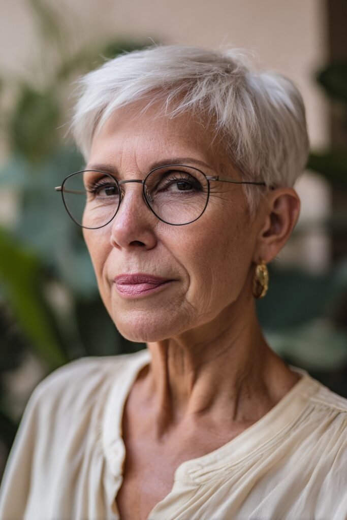 Woman over 80 with glasses wearing a classic silver pixie cut hairstyle.