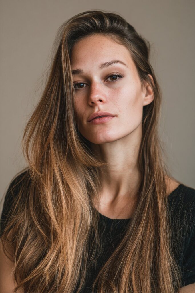 Woman with a classic soft side-part curtain fringe and long flowing hair in a studio portrait.