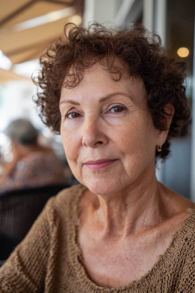 Older woman with curly bob hairstyle and soft natural bounce.