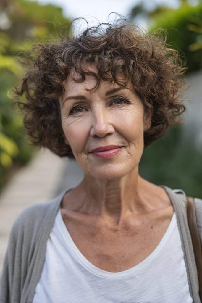 Older woman with natural curly bob and soft bounce.